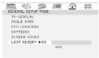 GENERAL SETUP PAGE TV-DISPLAY ANGLE MARK CSD LANGUAGE CAPTICHES SCREEN SOVER LAST MEMORY ▶OH OFF