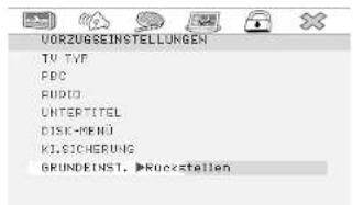VORZUGSEINSTELLUNGEN TV TVF FDC AUDIO UNTERITEL DISCK-MENO KLSICHERUNG GRUNDEINST. ▶Ruckstellen