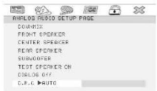 ANALOG AUDIO SETUP PAGE DOWNIX FRONT SPEAKER CENTER SPEAKER REAR SPEAKER SUBWOOFER TEST SPEAKER ON CLOUD OFF C.R.C ►AUTO