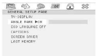 GENERAL SETUP PAGE TV-DISPLAY ANGLE MARK ▶ON COS LANGUAGE OFF CAPTIONS SCREEN DRIVER LAST MEMORY