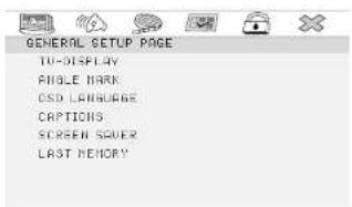 GENERAL SETUP PAGE TO-DISPLAY ANGLE MARK OSD LANGUAGE CAPTICH3 SCREEN SERVER LAST MEMORY