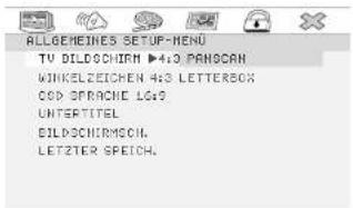 ALLOBENEINES SETUP-HENU TV BILDCCHIRN ▶4:3 PANSCAN WINKELZEICHEN 4:3 LETTERBOX COD SPRACHE LG:3 UNTERTITEL BILDCCHIRN5CN. LETZTER SPEICH.