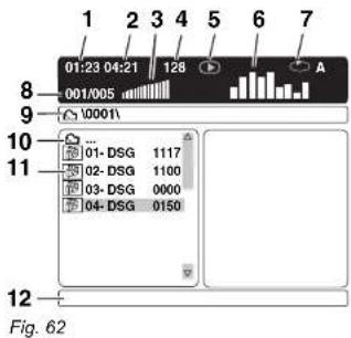 1 2 3 4 5 6 7 01:23 04:21 128 A 001/005 9 0001\ 10 01- DSG 1117 02- DSG 1100 03- DSG 0000 04- DSG 0150 12 Fig. 62