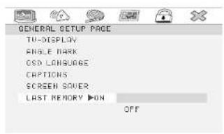 GENERAL SETUP PAGE TU-DISPLAY ANGLE MARK OSD LANGUAGE CAPTIONS SCREEN SOVER LAST MEMORY ▶ON OFF