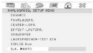 ANALOGUSG, SETUP MENU DOWN FONTLAUSPR. CENTER-LSPR. EFFECT-LAUTSPR. SUBCOVER LAUTSPRECHER-TEST EIN DIALOG Rua D.K. AUTO