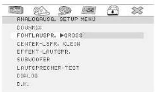 ANALOGAUSG, SETUP MENU DOWNIX FONTLAUSPR, ▶GROGS CENTER-LSPR, KLEIN EFFECT-LAUTSPR. SUBFOOPER LAUTOPRECHER-TEST DIALOG C.H.