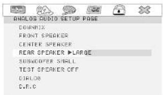 ANOLOS AUDIO SETUP PAGE COUNK FRONT SPEAKER CENTER SPEAKER REAR SPEAKER ▶ LARGE SUBCOVER SMALL TEST SPEAKER OFF DRIPLO C.R.C