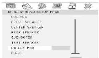 ANALOG AUDIO SETUP PAGE DOWNIX FRONT SPEAKER CENTER SPEAKER REAR SPEAKER SUBFOODER TEST SPEAKER DIALOG >00 D.R.C