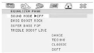 EQUALIZER PAGE SOUND MODE ▶OFF BASS DOOST ROCK SUPER BASS POP TREGLE DOOST LIVE DANCE TECHNO CLASSIC SOFT