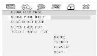 EQUALIZER PARE SOUND MODE ▶OFF BASS BOOST ROCK SUPER DASS POP TREGLE BOOST LIVE DRANCE TECHNO CLASSIC SOFT