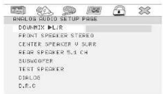 ANDLOS AUDIO SETUP PAGE DOWNIX ▶LIR FRONT SPEAKER STEREO CENTER SPEAKER U SURE REAR SPEAKER 5.1 CH SUBWOOFER TEST SPEAKER DIALOG C.R.C