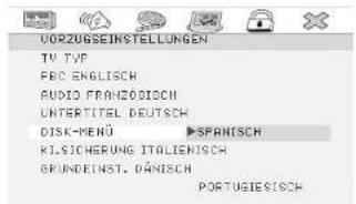 VORZUGSEINSTELLUNGEN TV TVP ABC ENGLISH AUDIO FRANZOSCH UNTERITTEL DEUTSCH DISK-MENU SPANISCH KLSICHERUNG ITALIENISCH GRUNDEINST. DANISCH PORTUGIESCH