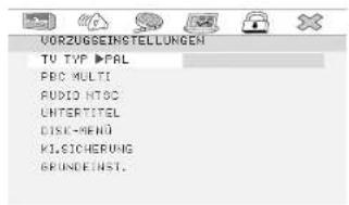 VORZUGSEINSTELLUNGEN TV TVP >FAL FBC MULTI AUDIO HTSC UNTERTITEL DISC-MEND K1.SICHERUNG GRUNDEINST.