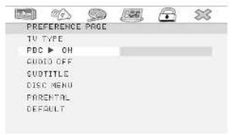 PREFERENCE PAGE TV TYPE PDC ▶ OH AUDIO OFF CUDTITLE DISC MENU PARENTAL DEFAULT