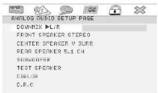 ANALOG AUDIO SETUP PAGE DOWNIX ▶LIR FRONT SPEAKER STEREO CENTER SPEAKER V SURB REAR SPEAKER 5.1 CH SUBCOVER TEST SPEAKER DIALOG D.R.C