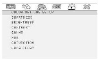 COLOR SETTING SETUP CHARFERENCE BRIGHTNESS CONTRAST GAINPO HUE SATURATION LUNG DELAY