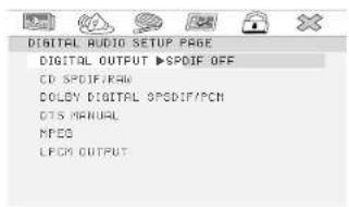 DIGITAL AUDIO SETUP PAGE DIGITAL OUTPUT ▶SPDIF OFF CD SPDIF/FAW DOLEY DIGITAL SPSDIF/PCN DIS MANUAL MPD LFCO OUTPUT