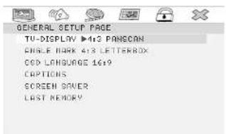 GENERAL SETUP PAGE TU-DISPLAY ▶43 PANGCON CINGLE MARK 413 LETTERBOX COD LANGUAGE 1619 CAPTIONS SCREEN ROVER LAST MEMORY
