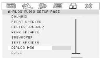 ANALOG AUDIO SETUP PAGE DOWNMIX FRONT SPEAKER CENTER SPEAKER REAR SPEAKER SUBWOOFER TEST SPEAKER DIALOG >60 C.R.C.
