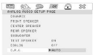 ANALOG AUDIO SETUP PAGE DOWNIX FRONT SPEAKER CENTER SPEAKER REAR SPEAKER SUBVOOFER TEST SPEAKER ON COLOG OFF D.R.G. AUTO