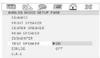 ANALOG AUDIO SETUP PASE DOWN/UX FRONT SPEAKER CENTER SPEAKER REAR SPEAKER CUW/CENTER TEST SPEAKER ▶ON DIALOG OFF G.R.C