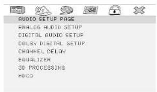 AUDIO SETUP PAGE ANALOG AUDIO SETUP DIGITAL AUDIO SETUP CULBSY DIGITAL SETUP CHANNEL DELAY EQUALIZER CD PROCESSING HOLD