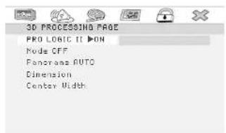 3D PROCESSING PAGE PRO LOGIC II ▶ON Node OFF F Paneyana AUTO Dimension Center Width