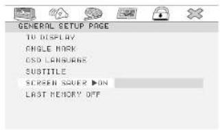 GENERAL SETUP PAGE TO DISPLAY ANGLE MARK CSD LANGUAGE SUBTITLE SCREEN SERVER ▶ON LAST MEMORY OFF