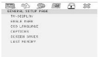 GENERAL SETUP PAGE TU-DISPLAY ANGLE PARK CSD LANGUAGE CAPTIONS SCREEN SERVER LAST MEMORY