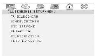 ALLGEMEINES SETUP-MENO TV DILDOSCHEN WINKELZEICHEN CSD SPRAKE UNTERTITEL BILDSCHRMSECH. LETZTER SPEICH.