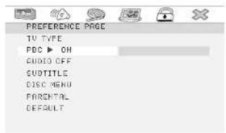 PREFERENCE PAGE TV TYPE PDC ▶ OH AUDIO OFF SUDITLE DISC MENU FARENTAL DEFAULT