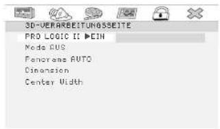 3D-VERARBEITINGSSEITE PRO LOGIC II ▶ EIN Mode DUS Fenome AUTO Dimension Center Width
