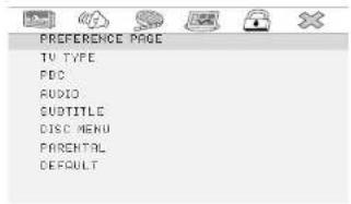 PREFERENCE PAGE TV TYPE PDC AUDIO CUBTITLE DISC MENU PARENTAL DEFAULT