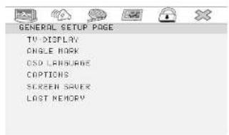 GENERAL SETUP PAGE TV DISPLAY CHOLE MARK OSD LANGUAGE CAPTIONS SCREEN SERVER LAST MEMORY
