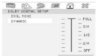 DOLBY DIGITAL SETUP DUAL NONO DYNAMIC - T - FULL - - 3/4 - - 1/2 - - 1/4 - - OFF