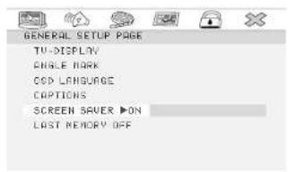 GENERAL SETUP PAGE TV-DISPLAY COLD MARK COLD LANGUAGE CAPTIONS SCREEN SAVER ▶ON LAST MEMORY OFF