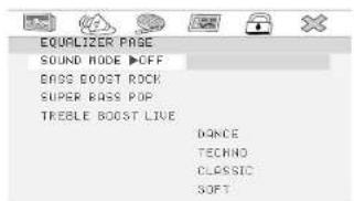 EQUALIZER PAGE SOUND MODE OFF EADS BOOST ROCK SUPER BASS POP TREEB BOOST LIVE DANCE TECHNO CLASSIC SOFT
