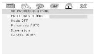 3D PROCESSING PAGE PRO LOGIC II ▶ON Mode OFF Panerans AUTO Dimension Center Width