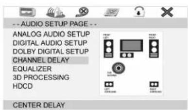 -- AUDIO SETUP PAGE -- ANALOG AUDIO SETUP DIGITAL AUDIO SETUP DOLBY DIGITAL SETUP CHANNEL DELAY EQUALIZER 3D PROCESSING HDCD CENTER DELAY