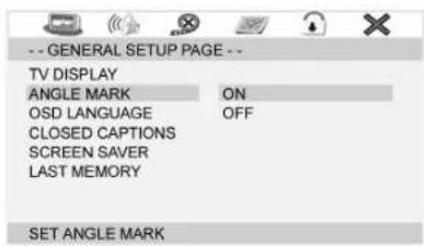 -- GENERAL SETUP PAGE -- TV DISPLAY ANGLE MARK ON OSD LANGUAGE OFF CLOSED CAPTIONS SCREEN SAVER LAST MEMORY SET ANGLE MARK