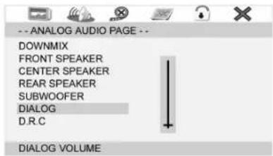 --ANALOG AUDIO PAGE -- DOWNMIX FRONT SPEAKER CENTER SPEAKER REAR SPEAKER SUBWOOFER DIALOG D.R.C DIALOG VOLUME