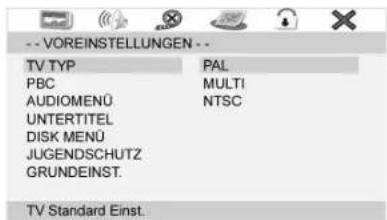 -- VOREINSTELLUNGEN -- TV TYP PAL PBC MULTI AUDIOMENÜ NTSC UNTERTITEL DISK MENÜ JUGENDSCHUTZ GRUNDEINST. TV Standard Einst.