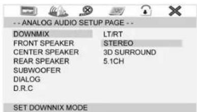 -- ANALOG AUDIO SETUP PAGE -- DOWNMIX LT/RT FRONT SPEAKER STEREO CENTER SPEAKER 3D SURROUND REAR SPEAKER 5.1CH SUBWOOFER DIALOG D.R.C SET DOWNNIX MODE