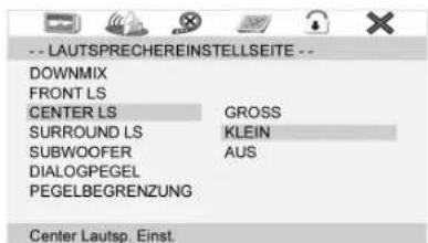 -- LAUTSPRECHEREINSTELLSEITE -- DOWNMIX FRONT LS CENTER LS GROSS SURROUND LS KLEIN SUBWOOFER AUS DIALOGPEGEL PEGELBEGRENZUNG Center Lautsp. Einst.
