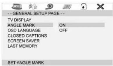 -- GENERAL SETUP PAGE -- TV DISPLAY ANGLE MARK ON OSD LANGUAGE OFF CLOSED CAPTIONS SCREEN SAVER LAST MEMORY SET ANGLE MARK