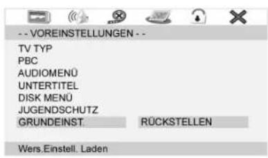 -- VOREINSTELLUNGEN -- TV TYP PBC AUDIOMENÜ UNTERTITEL DISK MENÜ JUGENDSCHUTZ GRUNDEINST. RÜCKSTELLEN Wers.Einstell. Laden