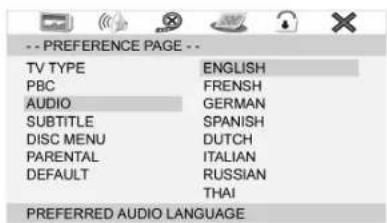 -- PREFERENCE PAGE -- TV TYPE ENGLISH PBC FRENSH AUDIO GERMAN SUBTITLE SPANISH DISC MENU DUTCH PARENTAL ITALIAN DEFAULT RUSSIAN THAI PREFERRED AUDIO LANGUAGE