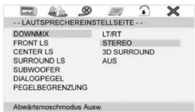 -- LAUTSPRECHEREINSTELLSEITE -- DOWNMIX LT/RT FRONT LS STEREO CENTER LS 3D SURROUND SURROUND LS AUS SUBWOOFER DIALOGPEGEL PEGELBEGRENZUNG Abwärtsmoschmodus Ausw.