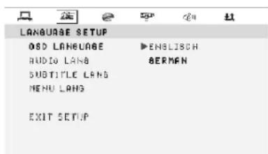LANGUAGE SETUP OSD LANGUAGE ▶ENGLISH AUDIO LAIN 8ERMAN SUBTITLE LANG MENU LANG EXIT SETUP