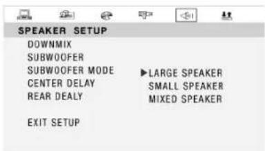 SPEAKER SETUP DOWNMIX SUBWOOFER SUBWOOFER MODE CENTER DELAY REAR DEALY LARGE SPEAKER SMALL SPEAKER MIXED SPEAKER EXIT SETUP